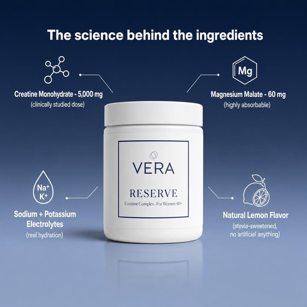Vera Reserve jar surrounded by creatine monohydrate, magnesium malate, electrolytes, and natural lemon flavor
